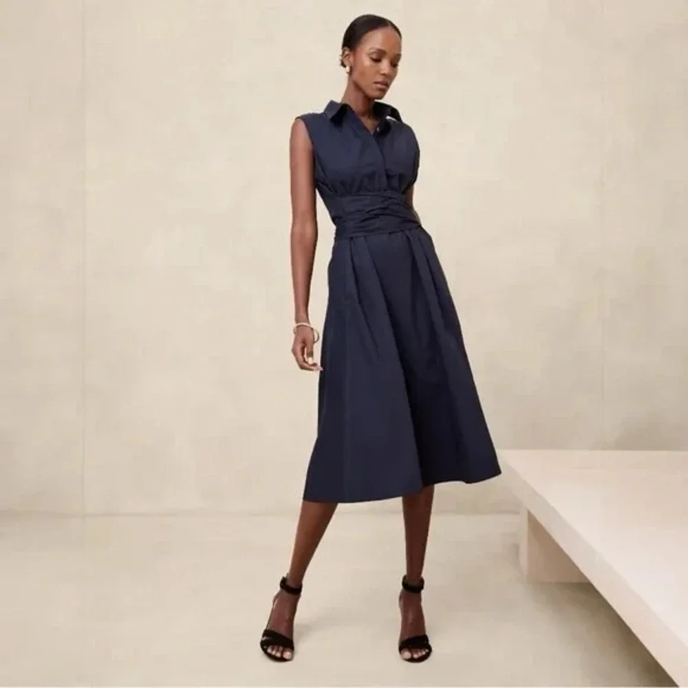 Banana Republic Dress Poplin White Cross Waist Midi Preppy Collared‎ XL NWT$120